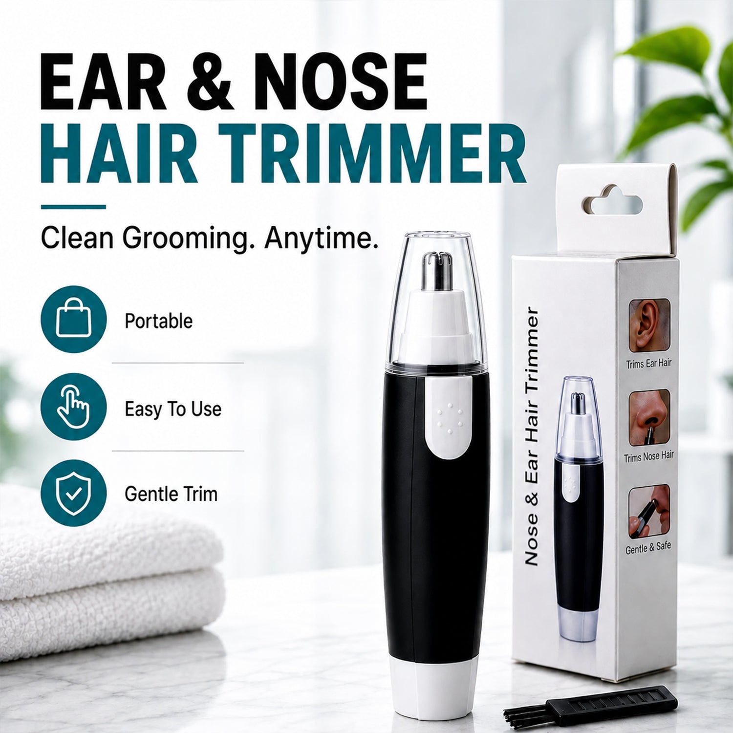 Lifestyle shot of the black and silver nose hair trimmer ready for effortless grooming.
