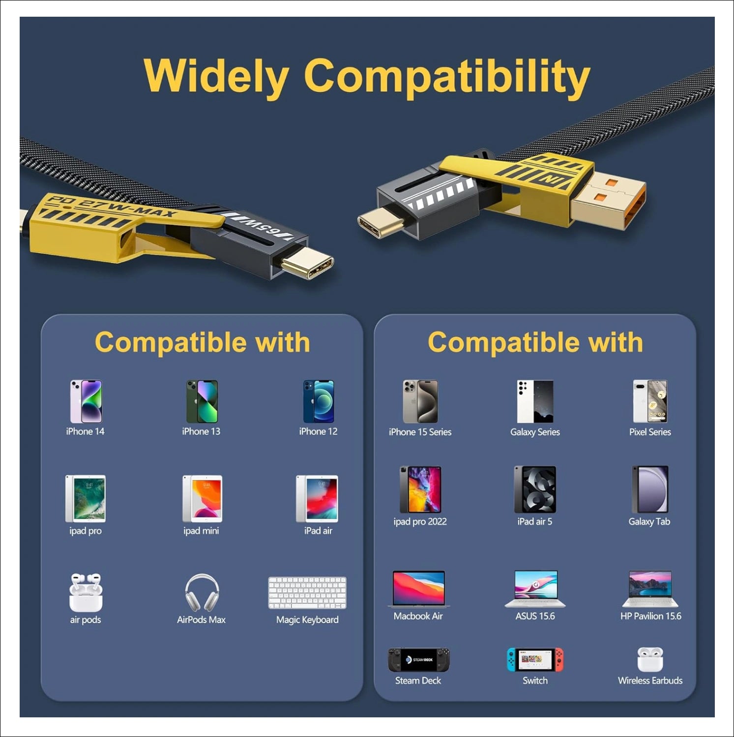 4 in 1 Fast Charging Cable | Multi-Port USB-C to Type-C & Lightning | Nylon Braided Fast Charger for iOS & Android (1 Pc / Loose)