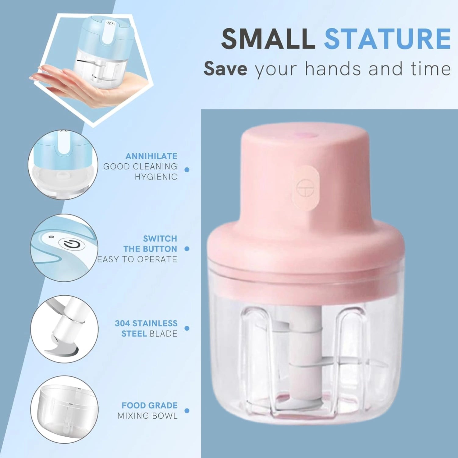 Electric Mini Garlic Chopper 250ml | USB Rechargeable Food Chopper with Stainless Steel Blades | Portable Kitchen Grinder