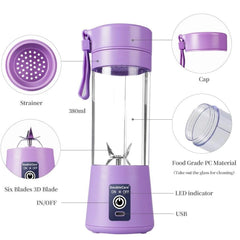 Portable USB Electric Juicer Blender – 6 Stainless Steel Blades | Rechargeable Protein Shaker & Smoothie Maker (380ml)