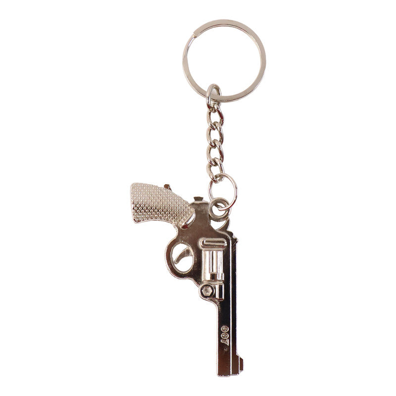 Practical gun shape metal keychain securely attached to a set of everyday keys.
