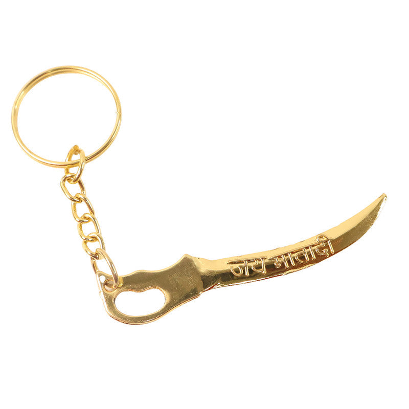 Intricate craftsmanship detail on golden Mataji sword keychain
