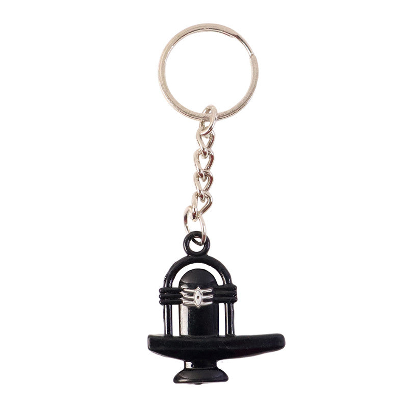 Shivling metal keychain emphasizing religious design on black finish