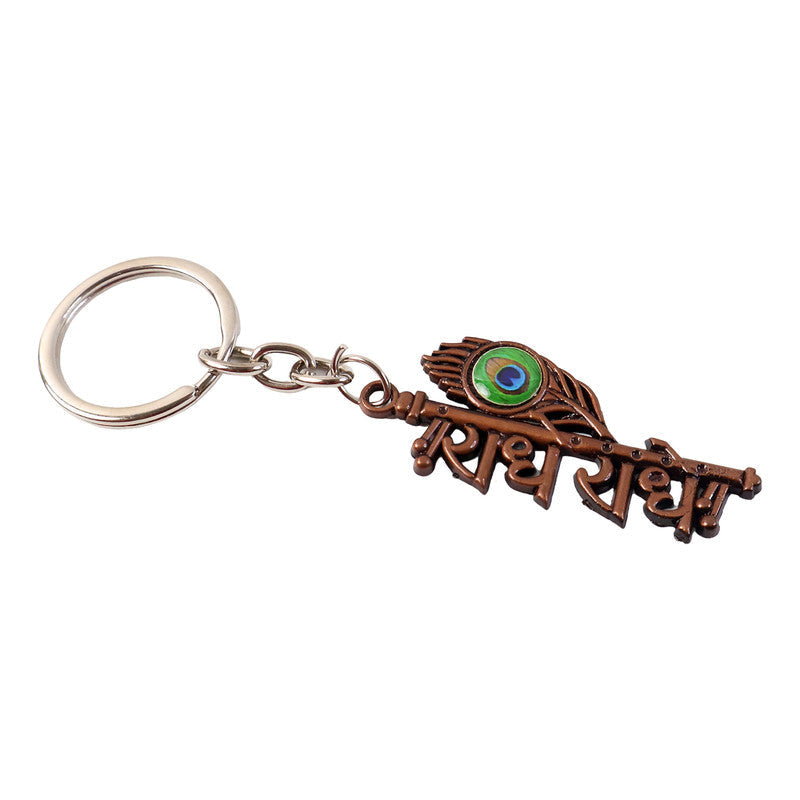 Spiritual Radhe Radhe keychain featuring colorful peacock feather accent
