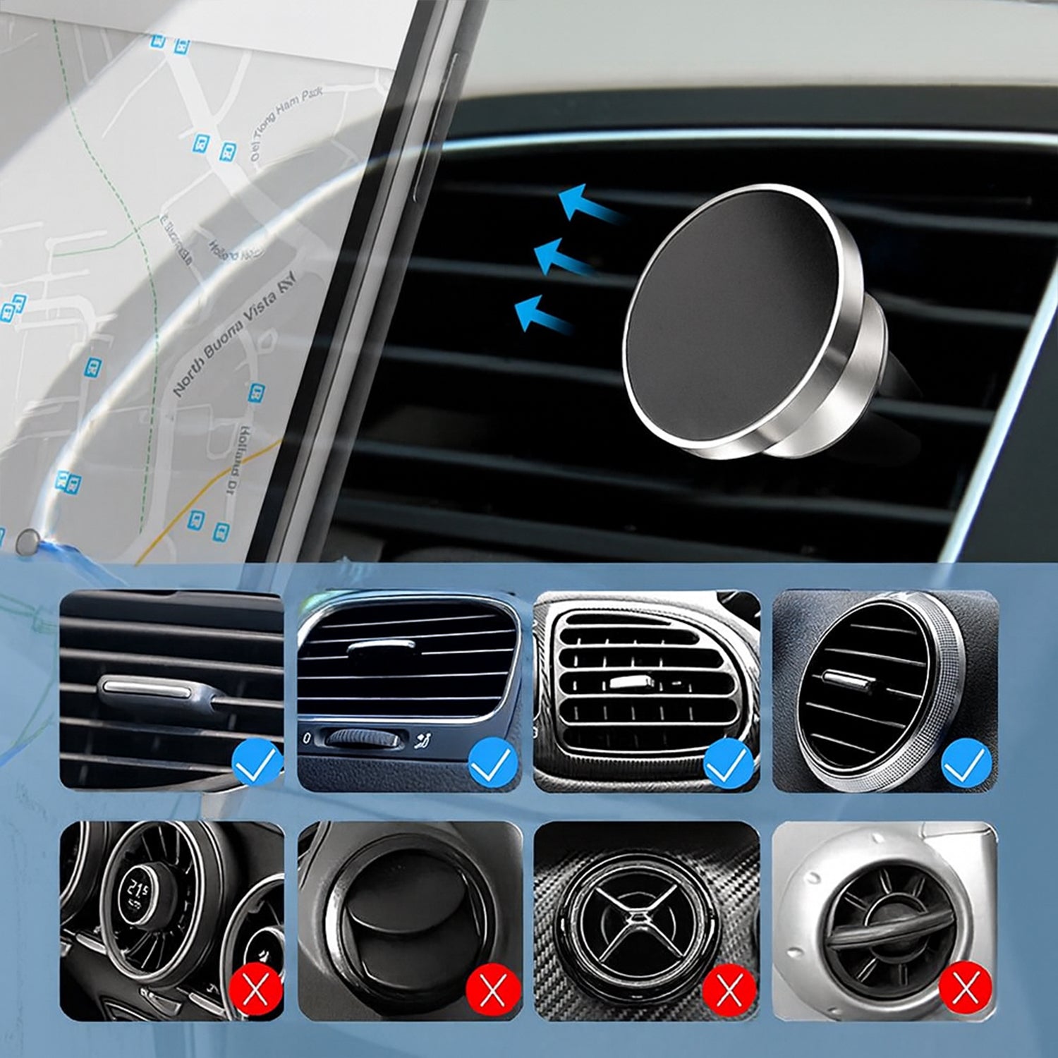 Magnetic phone holder for car air vent with 360-degree rotation for convenient smartphone positioning.