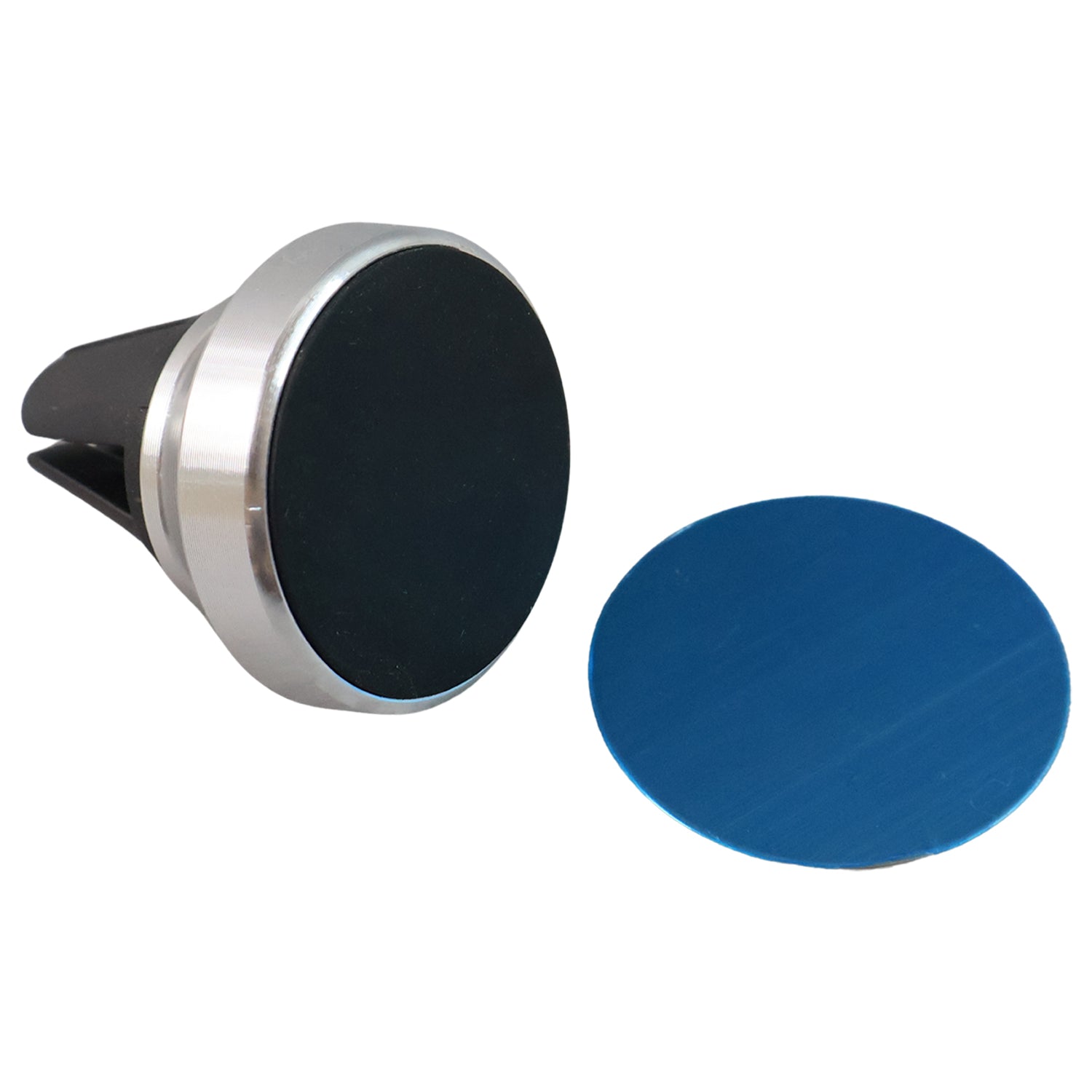 A black and silver magnetic car mount with a black silicone pad, next to a blue oval adhesive pad.