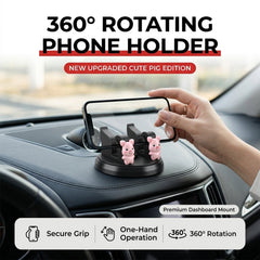A hand placing a smartphone into a black rotating phone holder with two pink pig figurines on a car dashboard