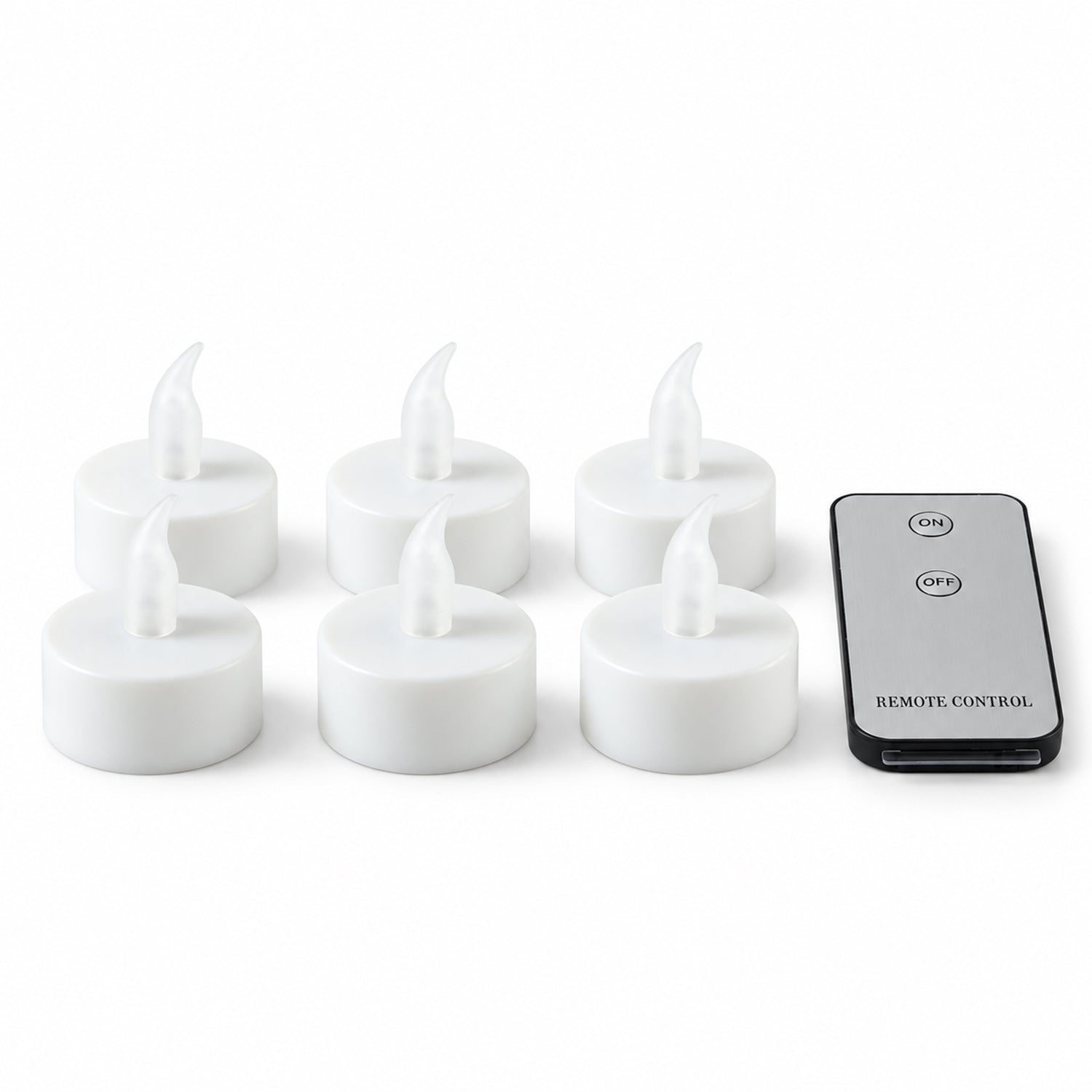 Six white LED flameless candles with clear plastic flames and a gray remote control on a white background.