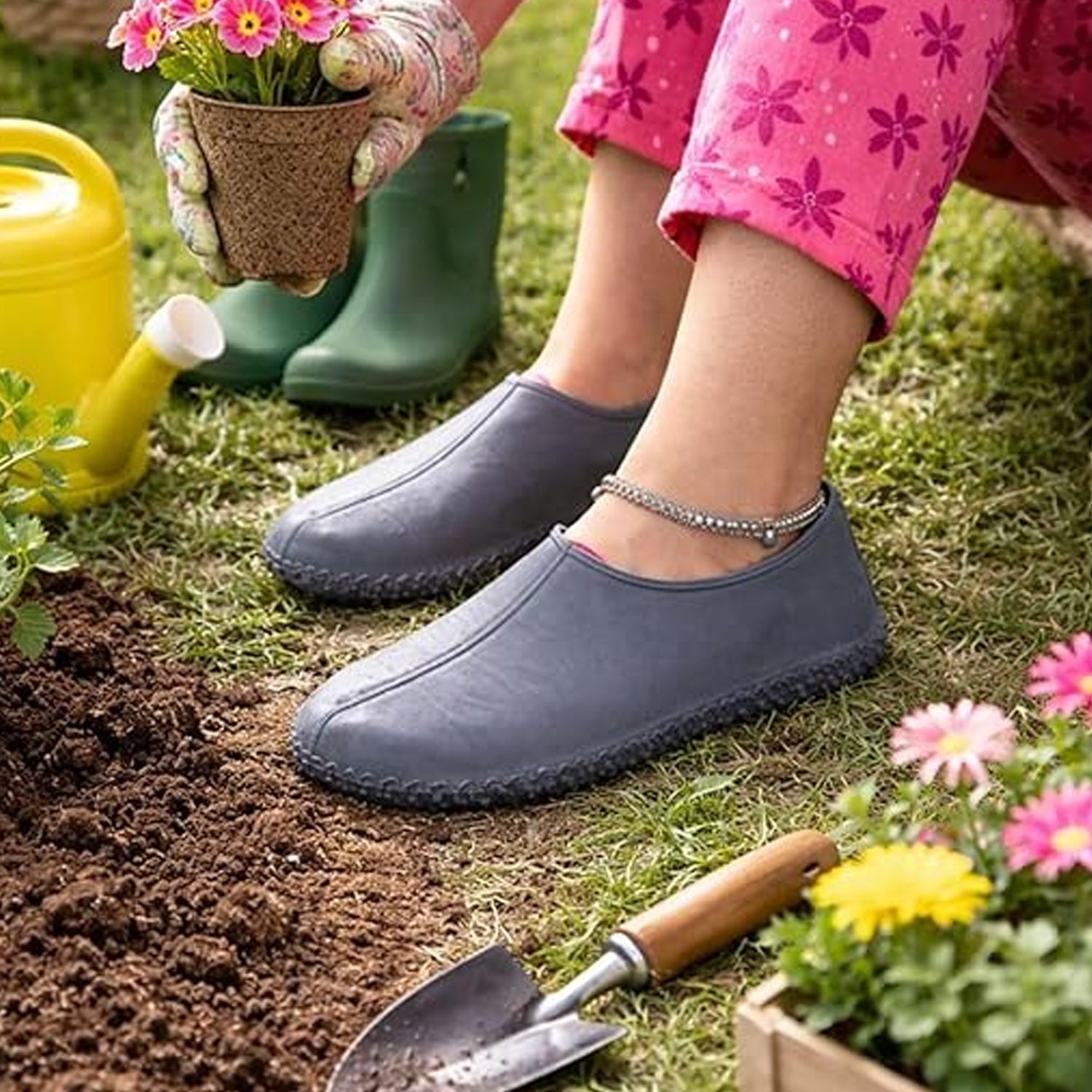 A person wearing dark grey silicone shoe covers and pink floral pants is gardening, holding a potted plant over freshly