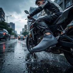 A person on a motorcycle, wearing dark grey silicone shoe covers, splashes through a puddle on a wet city street.