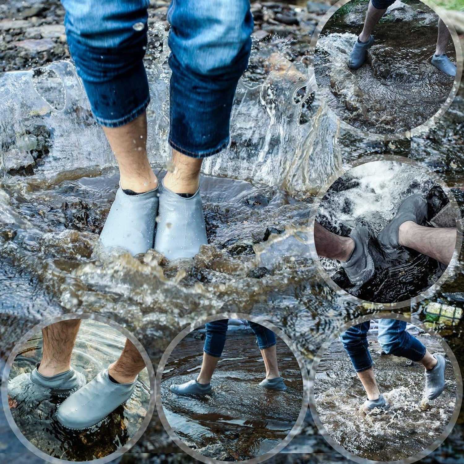 A collage of five circular images showing a person wearing grey silicone shoe covers while wading and walking through water.
