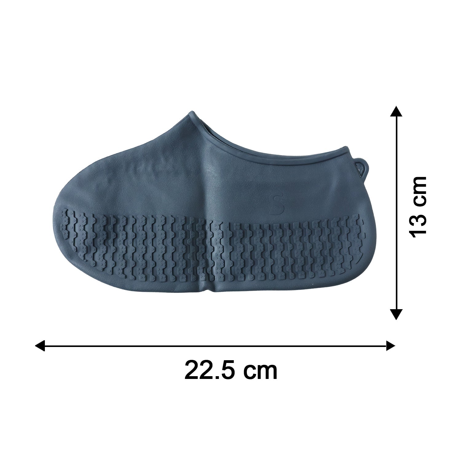 A single dark grey silicone shoe cover with textured soles is shown with dimensions of 22.5 cm length and 13 cm height.
