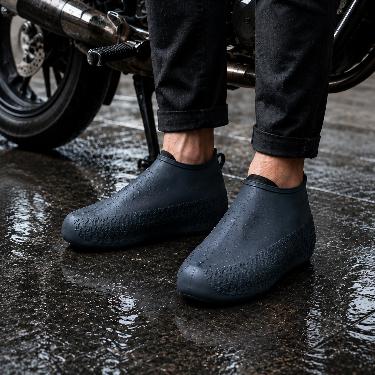 A person wearing dark grey silicone shoe covers with textured soles, standing on wet pavement next to a motorcycle wheel.