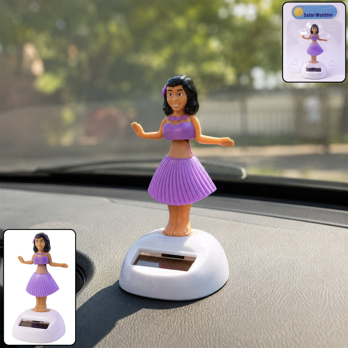 A solar-powered dancing hula girl toy in purple and brown, with a white base, on a car dashboard