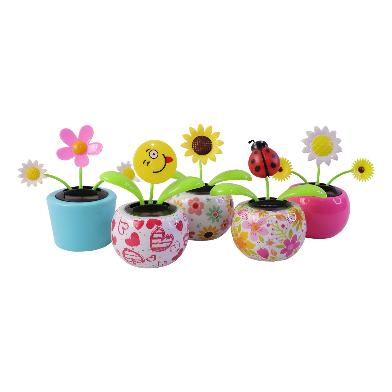 Five diverse solar dancing flowers with different designs, including emoji, sunflower, and ladybug, against a white