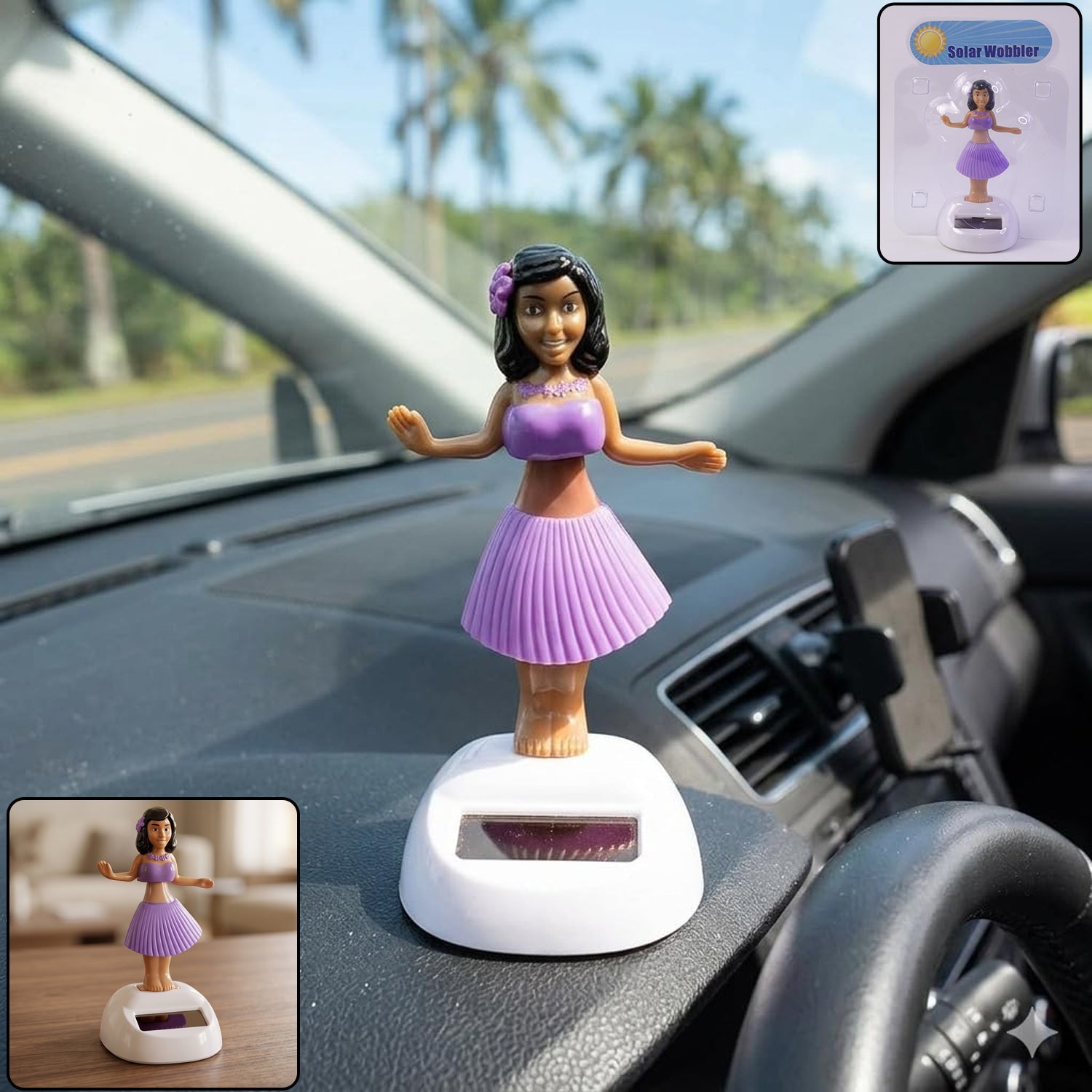 A solar-powered dancing hula girl toy in purple and brown, with a white base, on a car dashboard with an inset of its