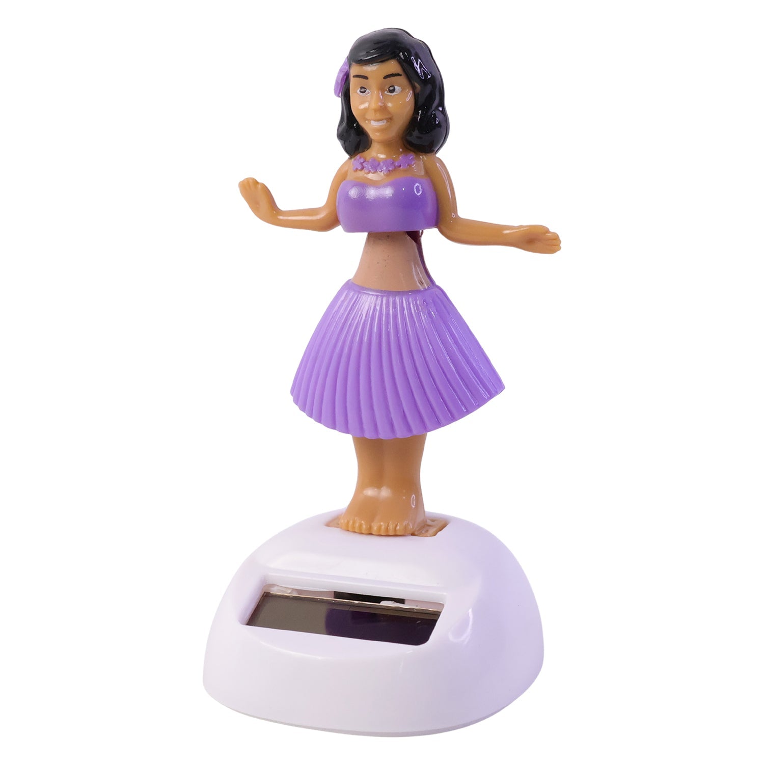 A solar-powered dancing hula girl toy in purple and brown, with a white base, on a white background.