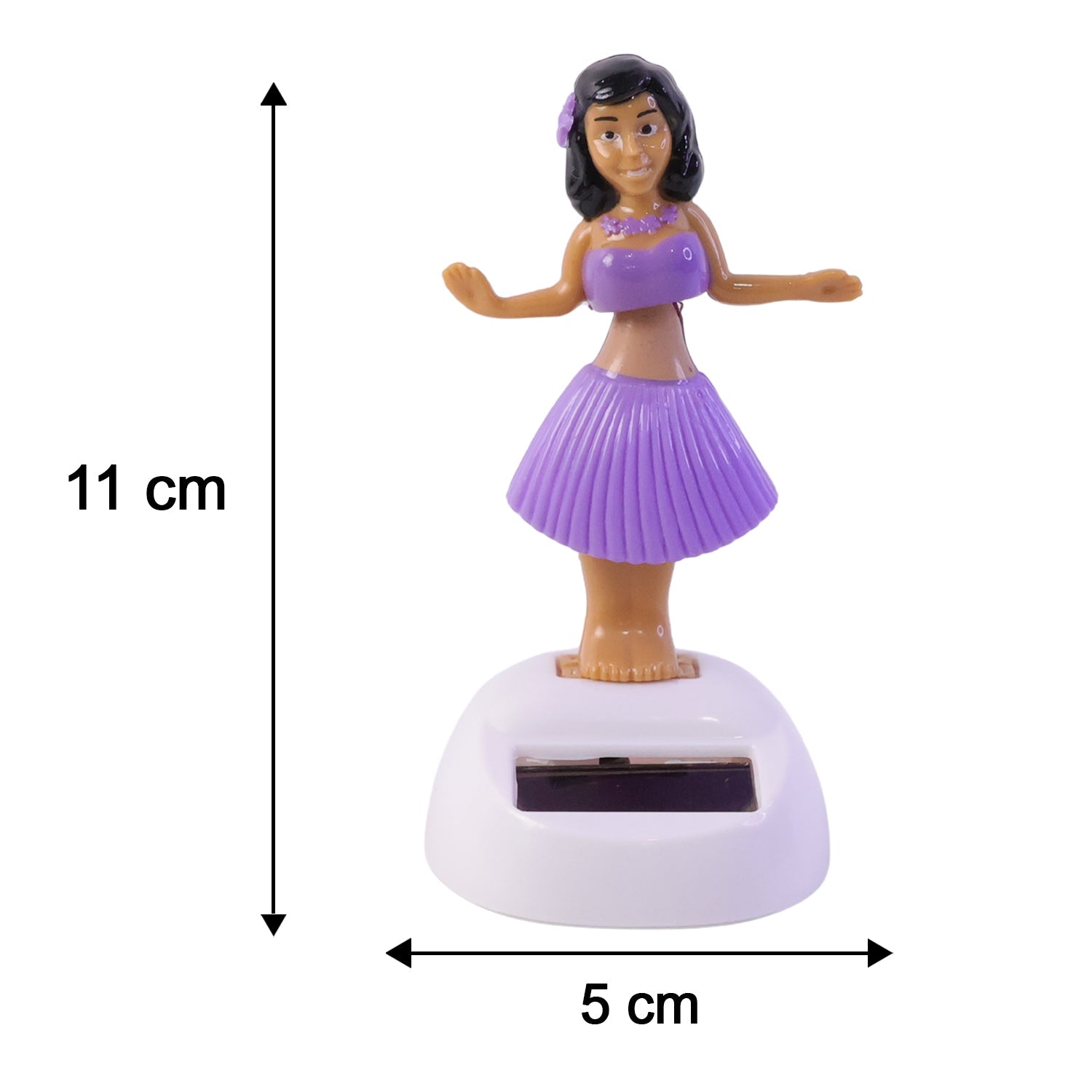 A solar-powered dancing hula girl toy in purple and brown, with a white base, showing dimensions of 11 cm height and 5 cm