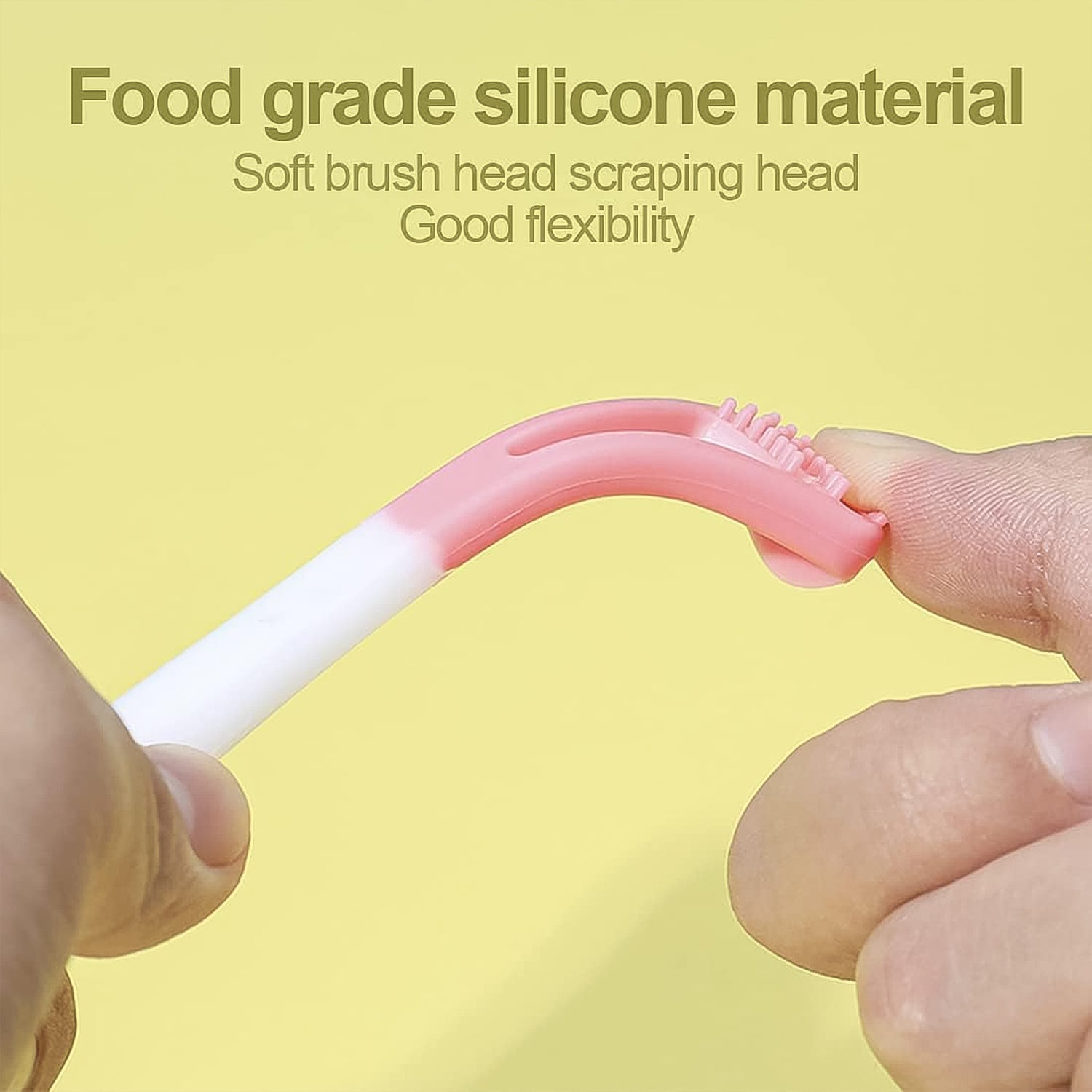 A hand bending the pink silicone scraper end of the tongue cleaner, with text about food-grade silicone material.
