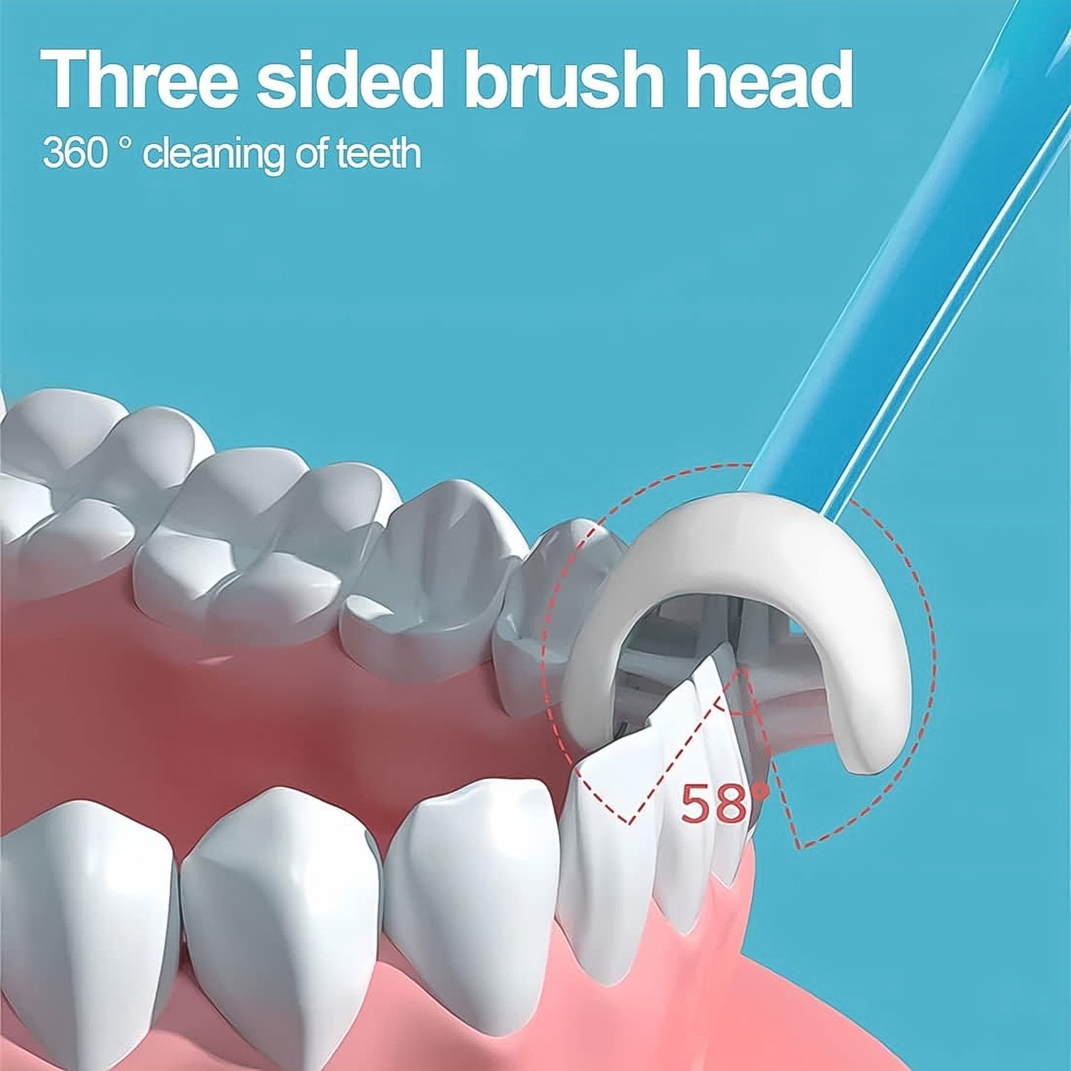 An animated diagram showing a blue toothbrush head cleaning a white tooth, with text about 360-degree cleaning.
