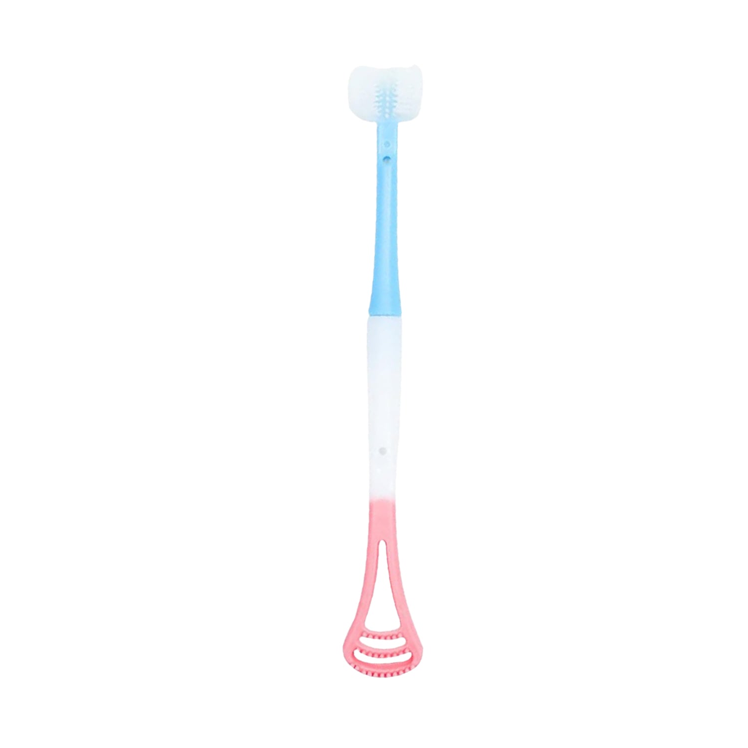A blue, white, and pink baby tongue cleaner and toothbrush with a white brush head and a pink scraper end.