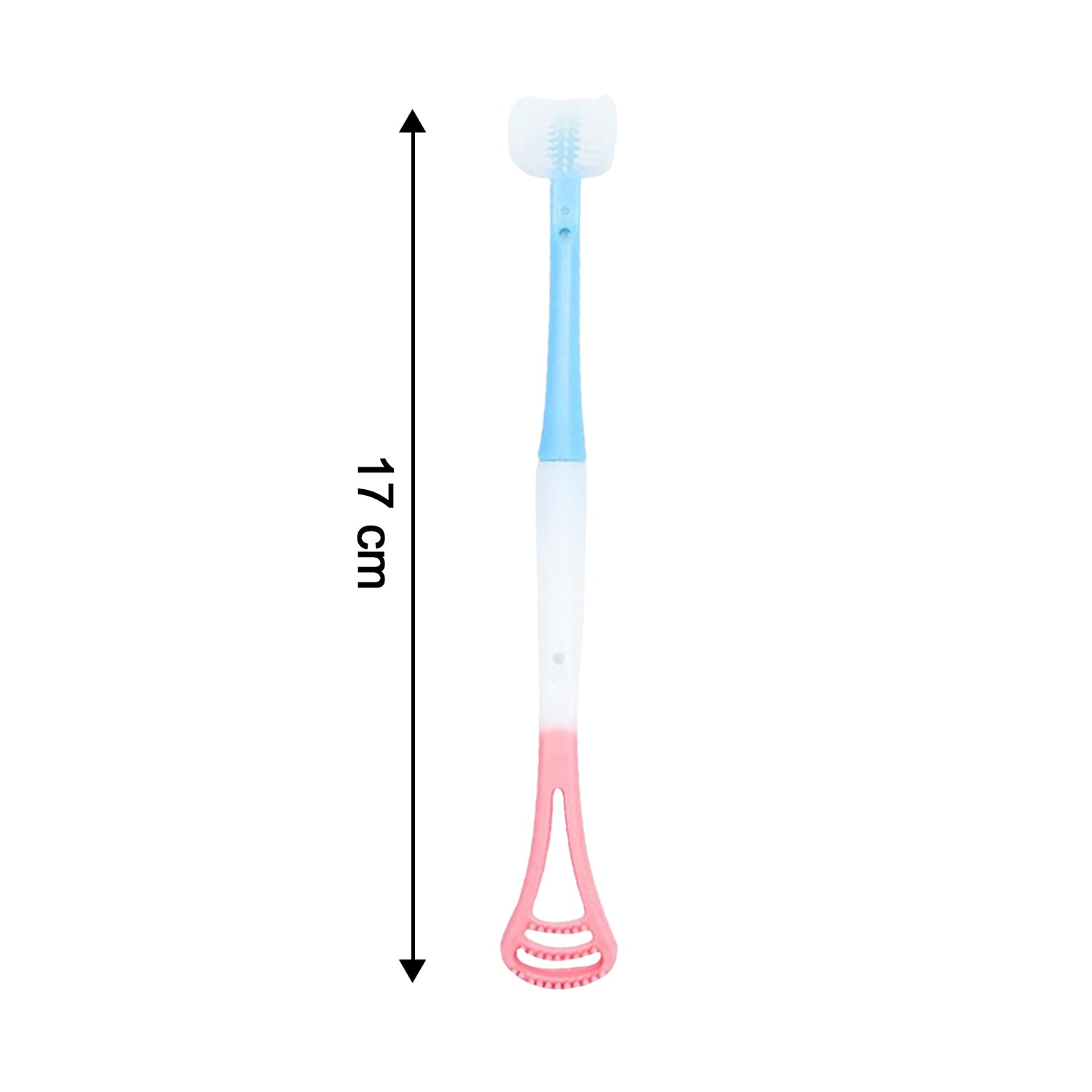 A blue, white, and pink baby tongue cleaner and toothbrush with a measurement of 17 cm indicated by an arrow.