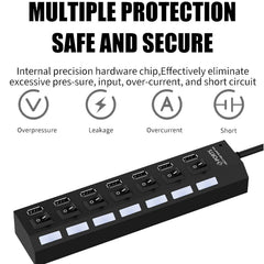 Black 7 Port USB Hub connected to a laptop, expanding peripheral options.