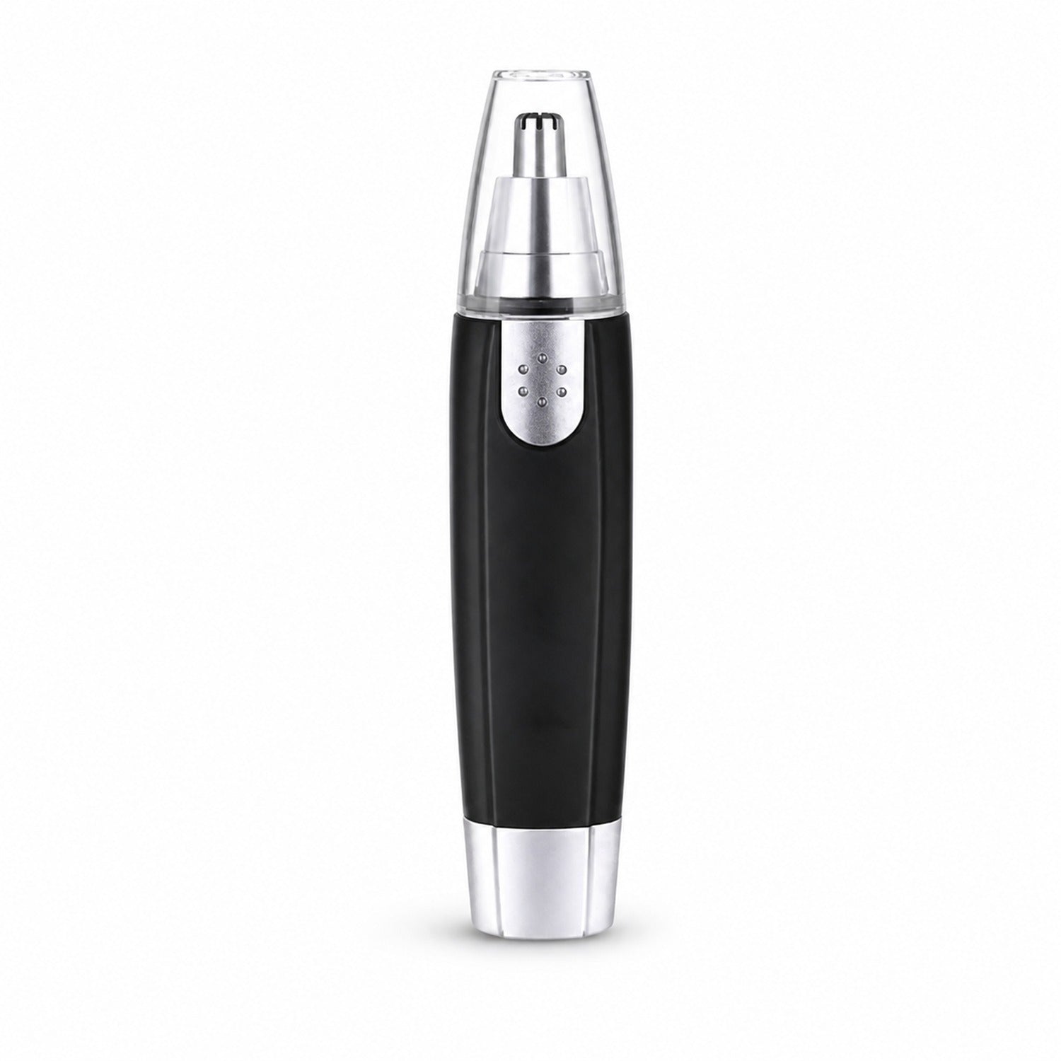 A black and silver nose hair trimmer with a clear cap stands upright on a white background.