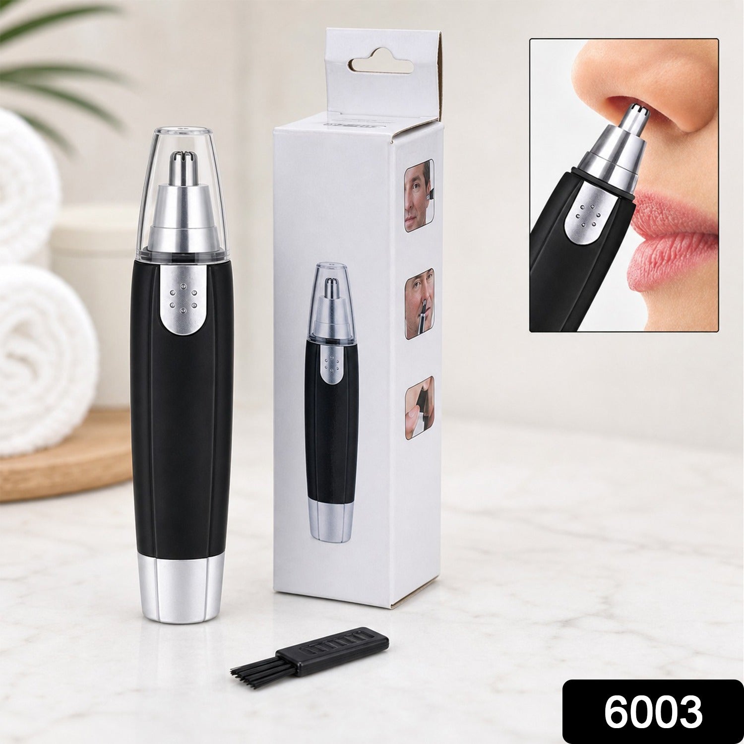 Electric nose hair trimmer with precision grooming design, box and cleaning brush