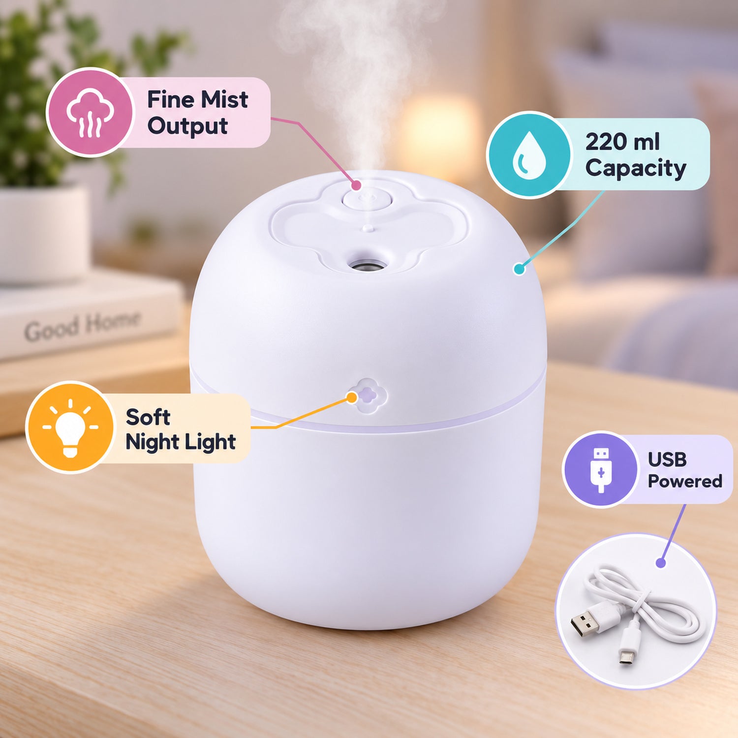Portable Mini USB Humidifier with Night Light – 220 ML Cool Mist Diffuser for Home, Office & Travel
