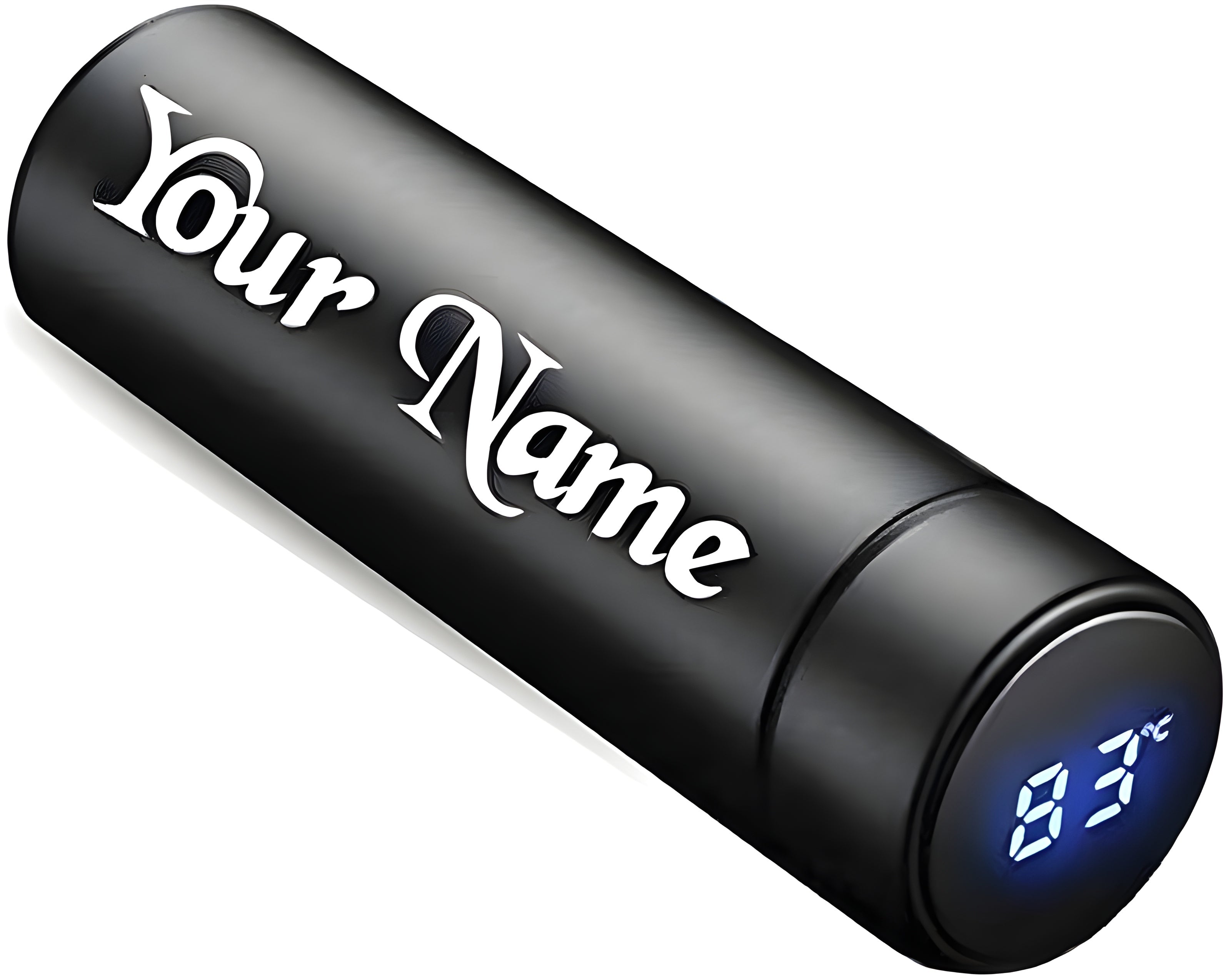 User holding a personalized stainless steel water bottle, demonstrating daily use.