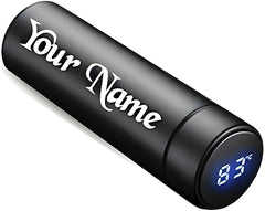 User holding a personalized stainless steel water bottle, demonstrating daily use.