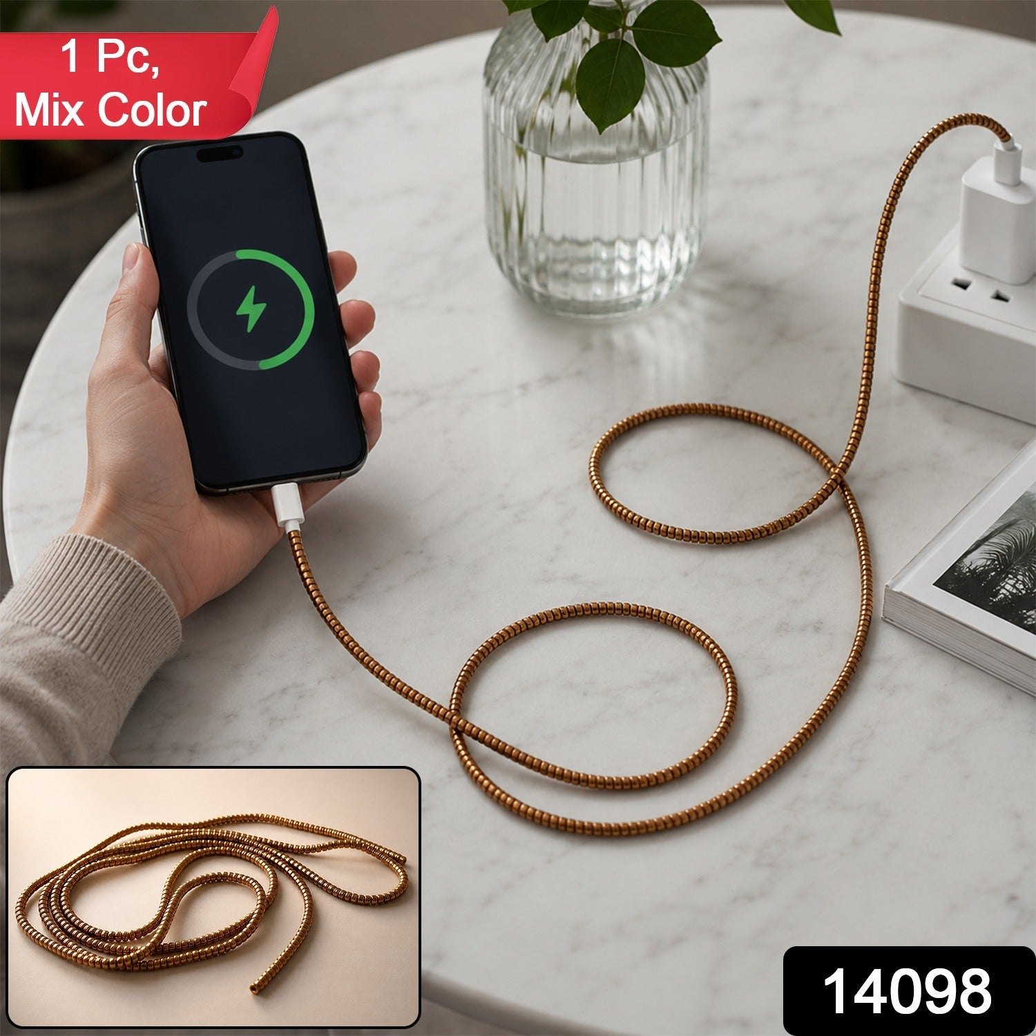 A hand holds a phone charging with a long, coiled, brown spiral cable protector sleeve, with a red banner and number.