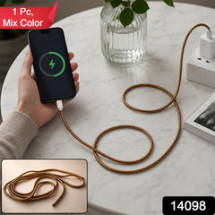 A hand holds a phone charging with a long, coiled, brown spiral cable protector sleeve, with a red banner and number.