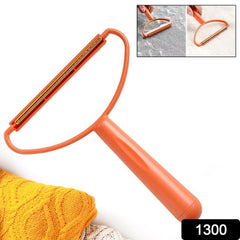 Orange fabric lint remover with metal shaver, shown removing lint and fabric fuzz in inset images.