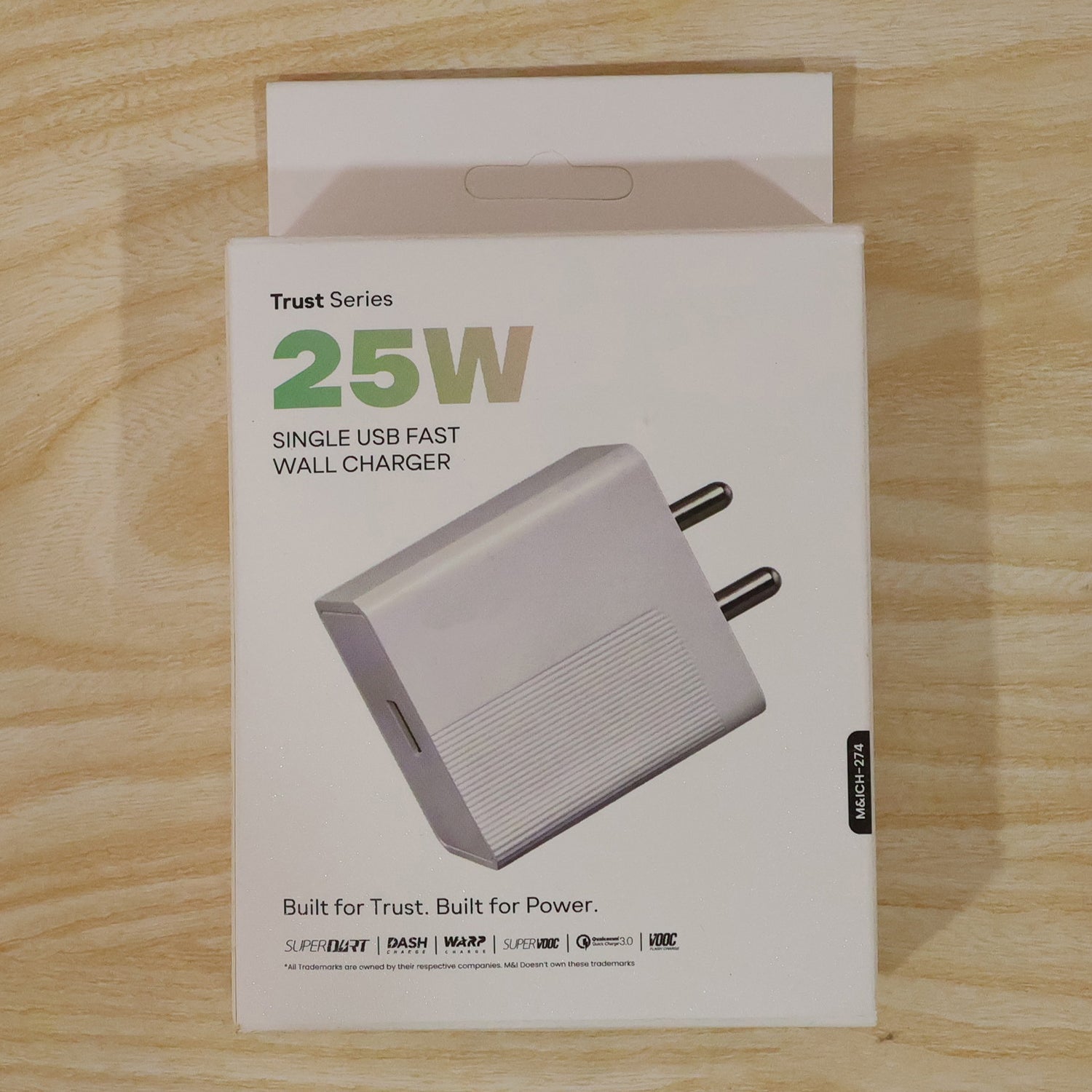 Back view of the compact 25W Fast Charger, ideal for travel.