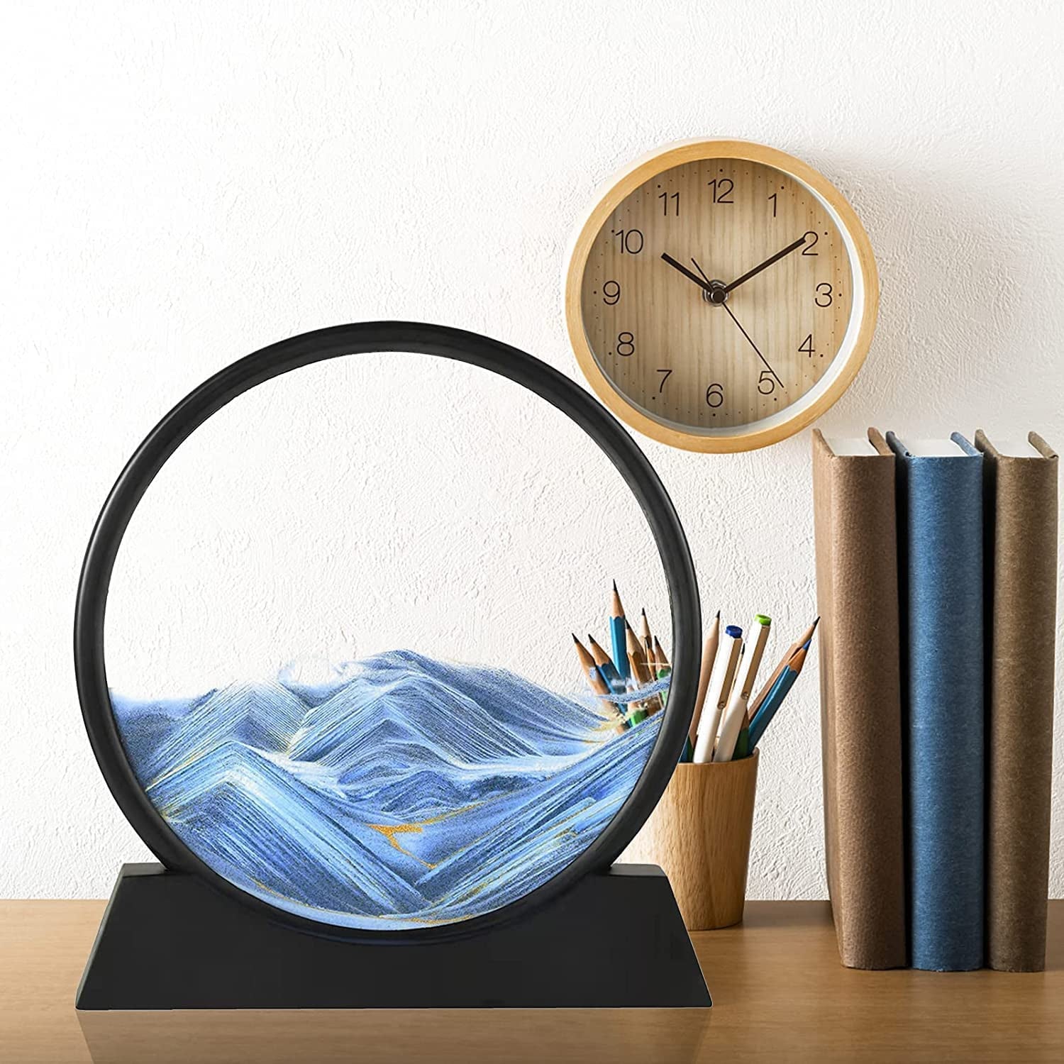Moving Sand Art Picture Decor 3d Deep Sea Sandscape Liquid Motion Round Glass Frame Display Flowing Sand Relaxing Gift For Kids Adults Painting Artistic Sandscape For Home Office Ornament Desktop Art Bookshelves Decoration