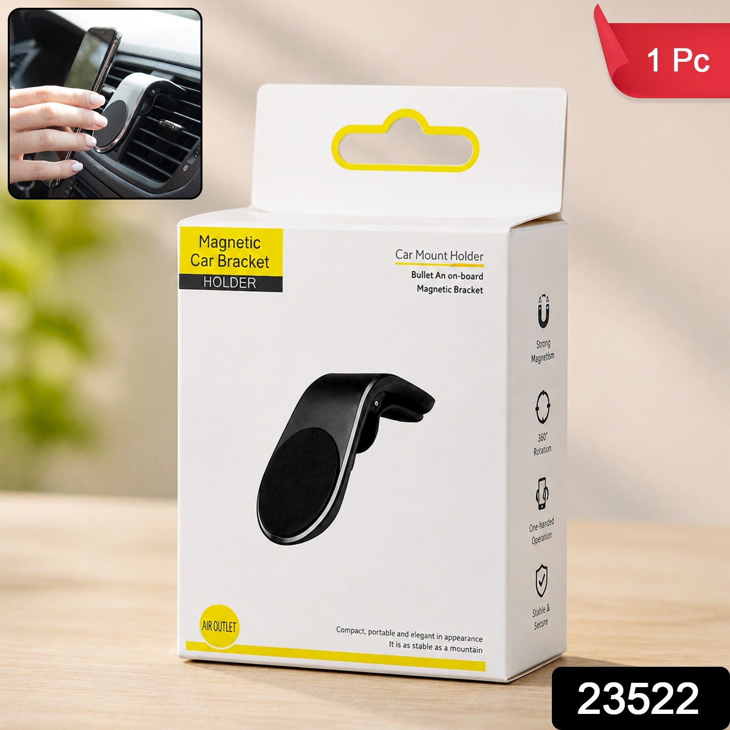 A white box for a magnetic car bracket holder with a red label indicating "1 Pc" and a number "23522".