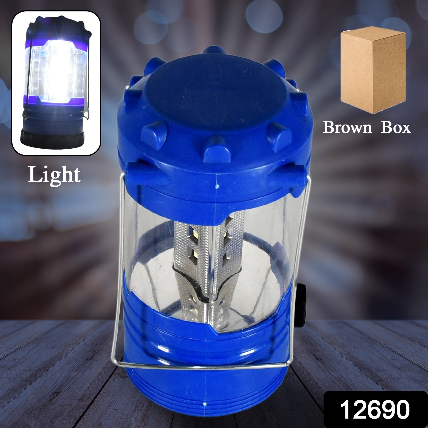 A blue and clear lantern with visible LEDs stands on a wooden surface, with small inset images showing it lit and a brown