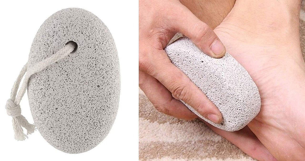 A split image showing an oval grey pumice stone on the left and a hand scrubbing a foot with a similar stone on the right.