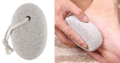 A split image showing an oval grey pumice stone on the left and a hand scrubbing a foot with a similar stone on the right.