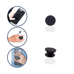 Three circular insets show a black phone grip in use on different phones, with a collapsed and expanded black grip shown