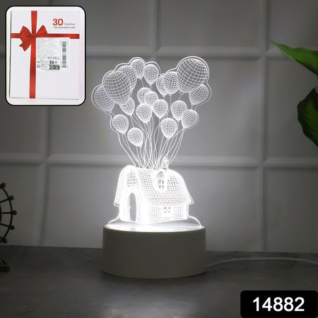 3D Illusion LED Lamp – House & Balloons Design USB Night Light