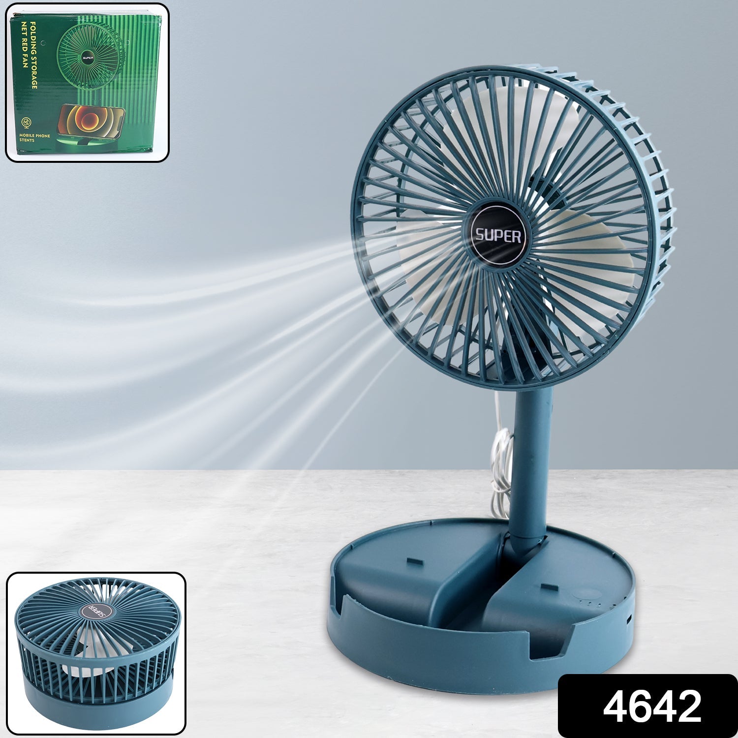 A teal portable fan with an adjustable stand blows air, with an inset of the fan in a compact form and its packaging.