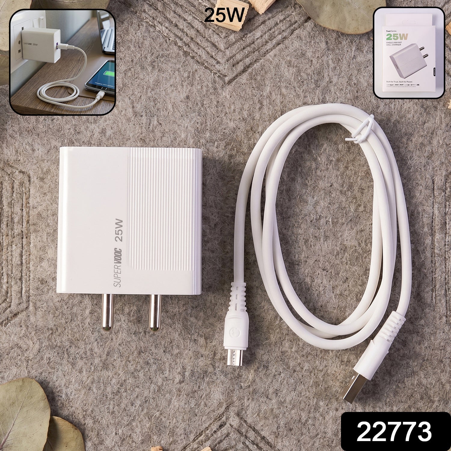 High-quality Micro USB charging cable included with the 25W wall adapter.