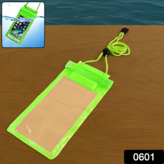 Neon green waterproof phone pouch with a black lanyard on a wooden surface, with a small inset showing it submerged