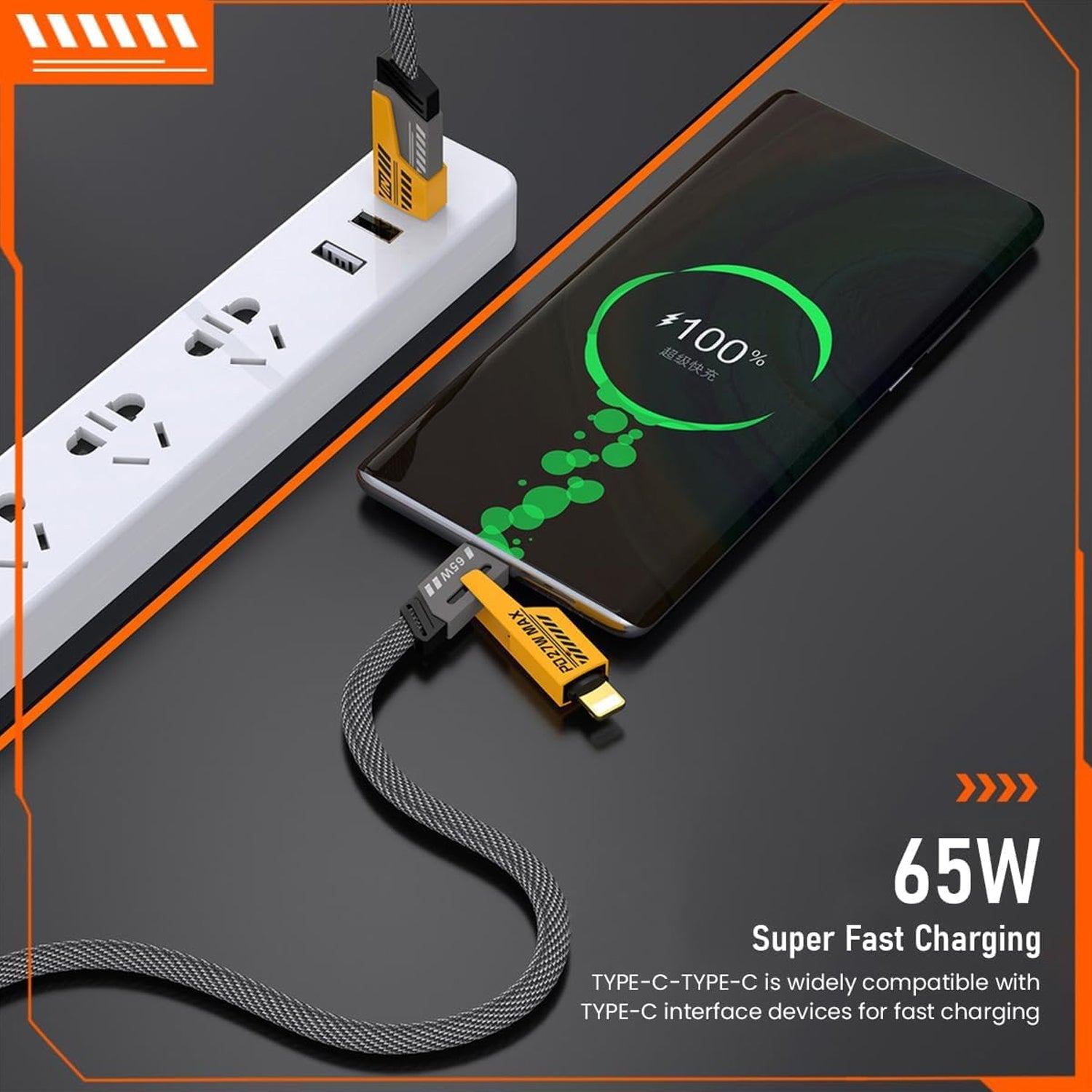 4 in 1 Fast Charging Cable | Multi-Port USB-C to Type-C & Lightning | Nylon Braided Fast Charger for iOS & Android (1 Pc / Loose)